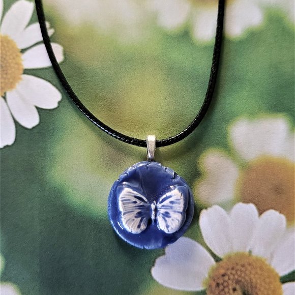 Handmade Ceramic Blue Butterfly Pendant Necklace - Picture 7 of 7
